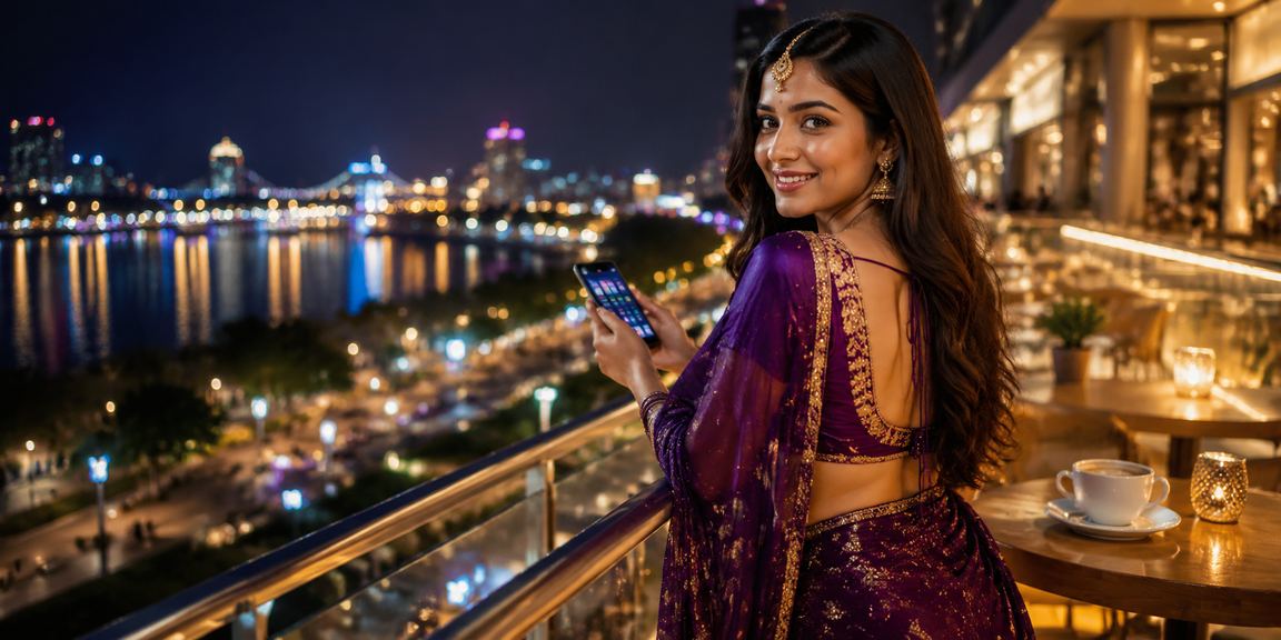 Woman making mobile deposit using UPI at Ahmedabad riverfront